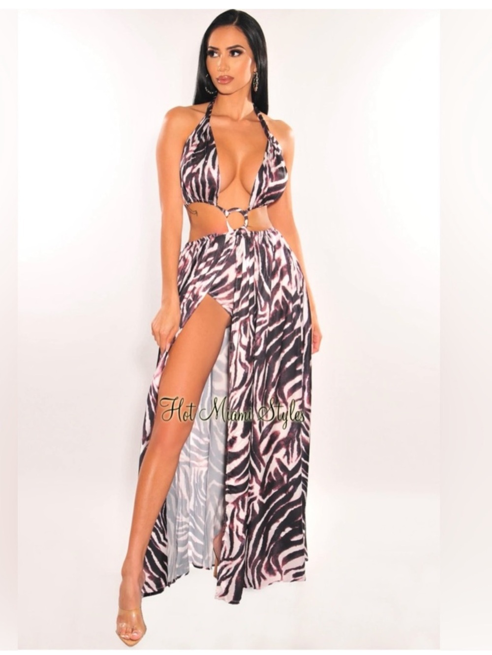 L'ATISTE Brown and White Animal Print Halter Dress With Builtin Panties